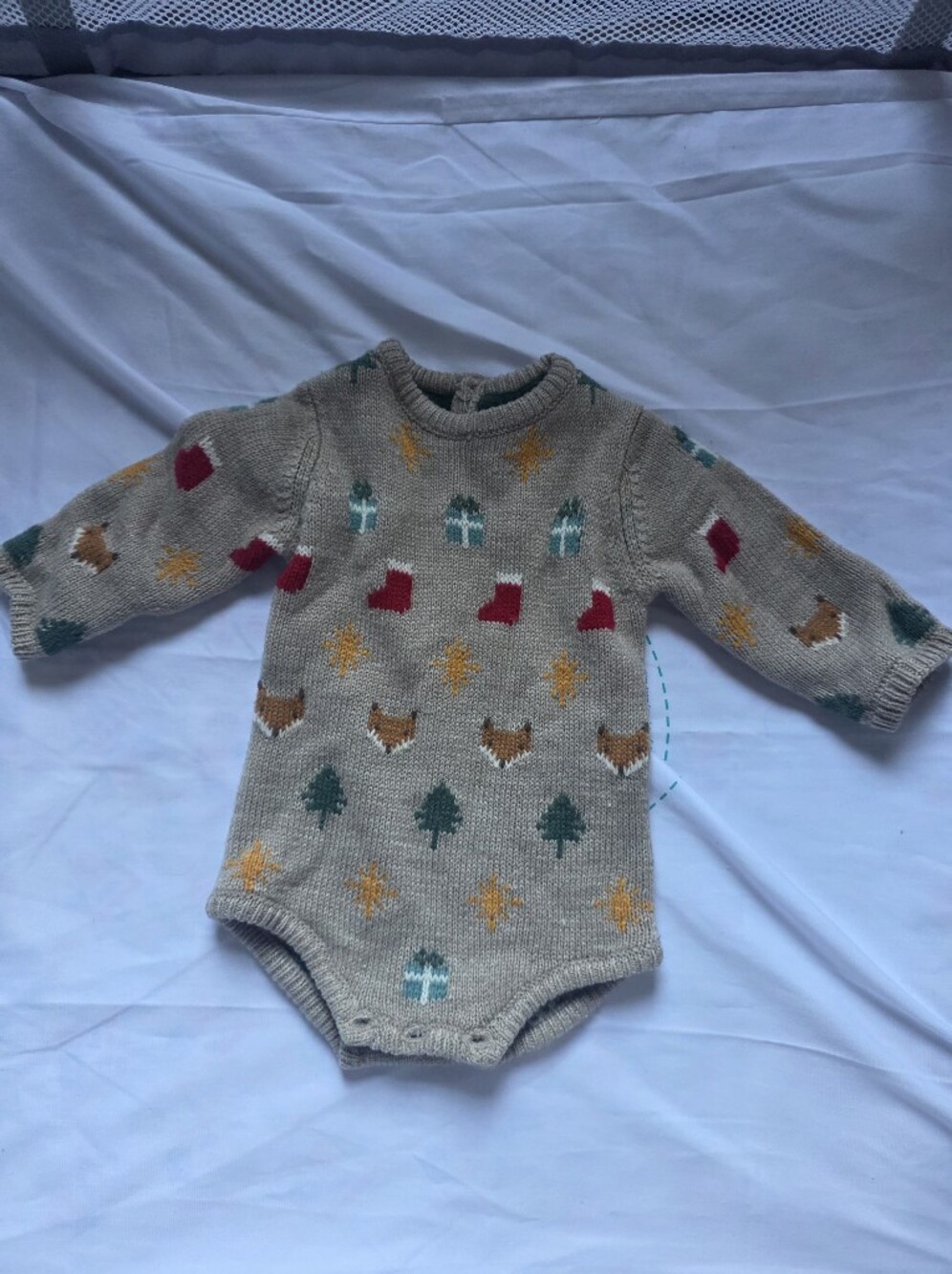 Beige Knit Baby Bodysuit with Holiday Motifs